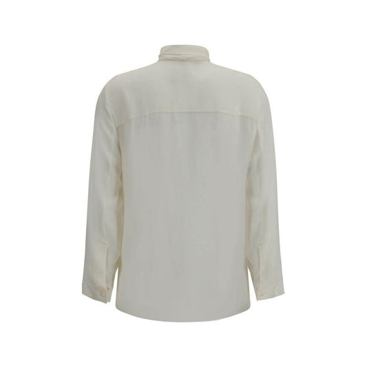 Back view of Khaite Tash Silk Shirt with concealed buttons and adjustable cuffs.