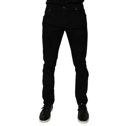 Dolce & Gabbana Black Tattered Cotton Skinny Men Denim Jeans