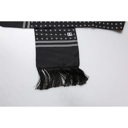 Dolce & Gabbana Black White Polka Dotted Silk Skinny Fringes Scarf