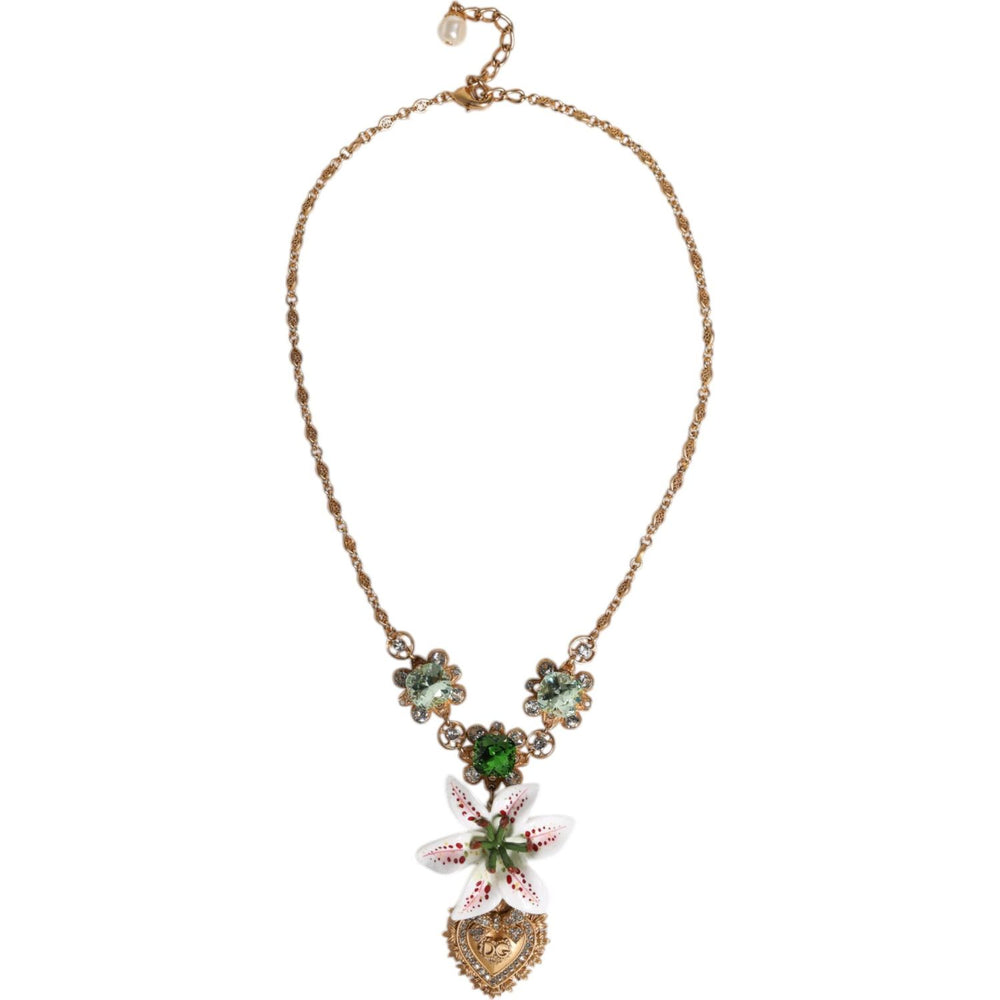 Dolce & Gabbana Gold Brass Lily Crystal Sacred Heart Pendant Necklace SMY10535