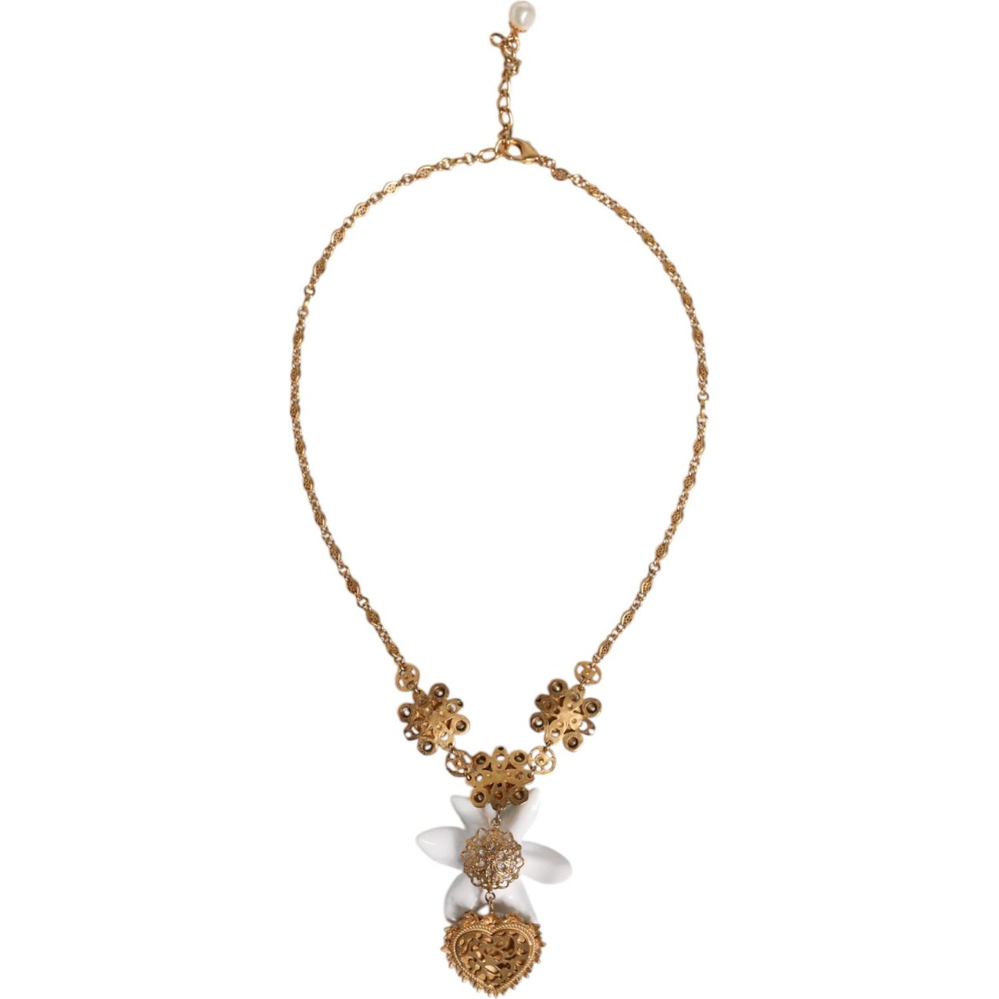 Dolce & Gabbana Gold Brass Lily Crystal Sacred Heart Pendant Necklace