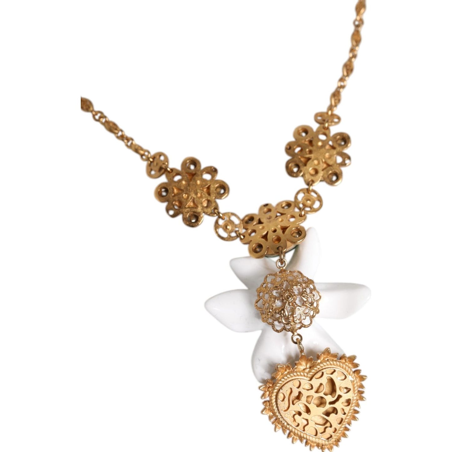 Dolce & Gabbana Gold Brass Lily Crystal Sacred Heart Pendant Necklace SMY10535