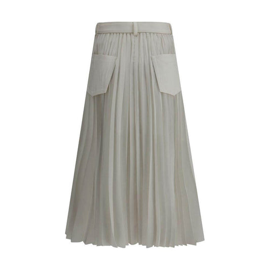 Sacai denim plissè midi skirt with pleated design and five-pocket detail, featuring an adjustable belt for a modern, versatile style.