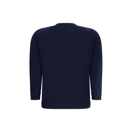 Back view of navy Valentino Bow Cardigan showcasing simplicity and elegance with ribbed crew neck and hems.