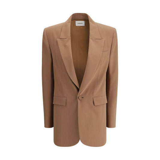 Saint Laurent single-breasted blazer with peaked lapels, single-button closure, and welt flap pockets, in a minimalist, elegant style.