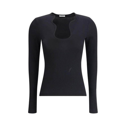 Ferragamo Long Sleeve Top with ribbed design, shaped neckline, and embroidered logo showcasing elegance and comfort.