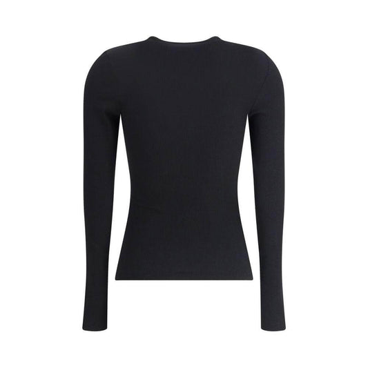 Black Ferragamo long sleeve top featuring ribbed design, shaped neckline, and discreet embroidered logo for elegance and luxury.