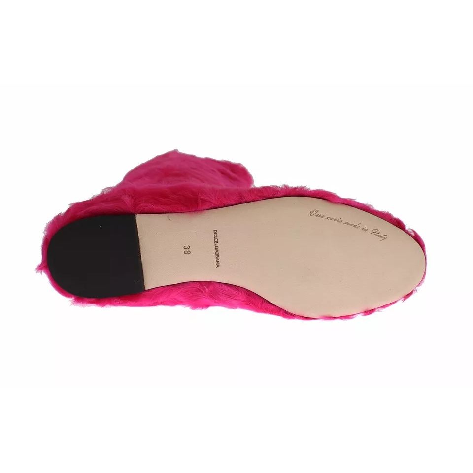 Dolce & Gabbana Pink Lamb Fur Leather Flat Boots Shoes