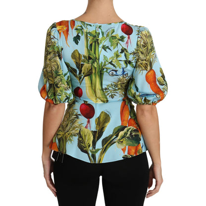 Dolce & Gabbana Multicolor Vegetable Print Silk Top Peplum Wrap Blouse