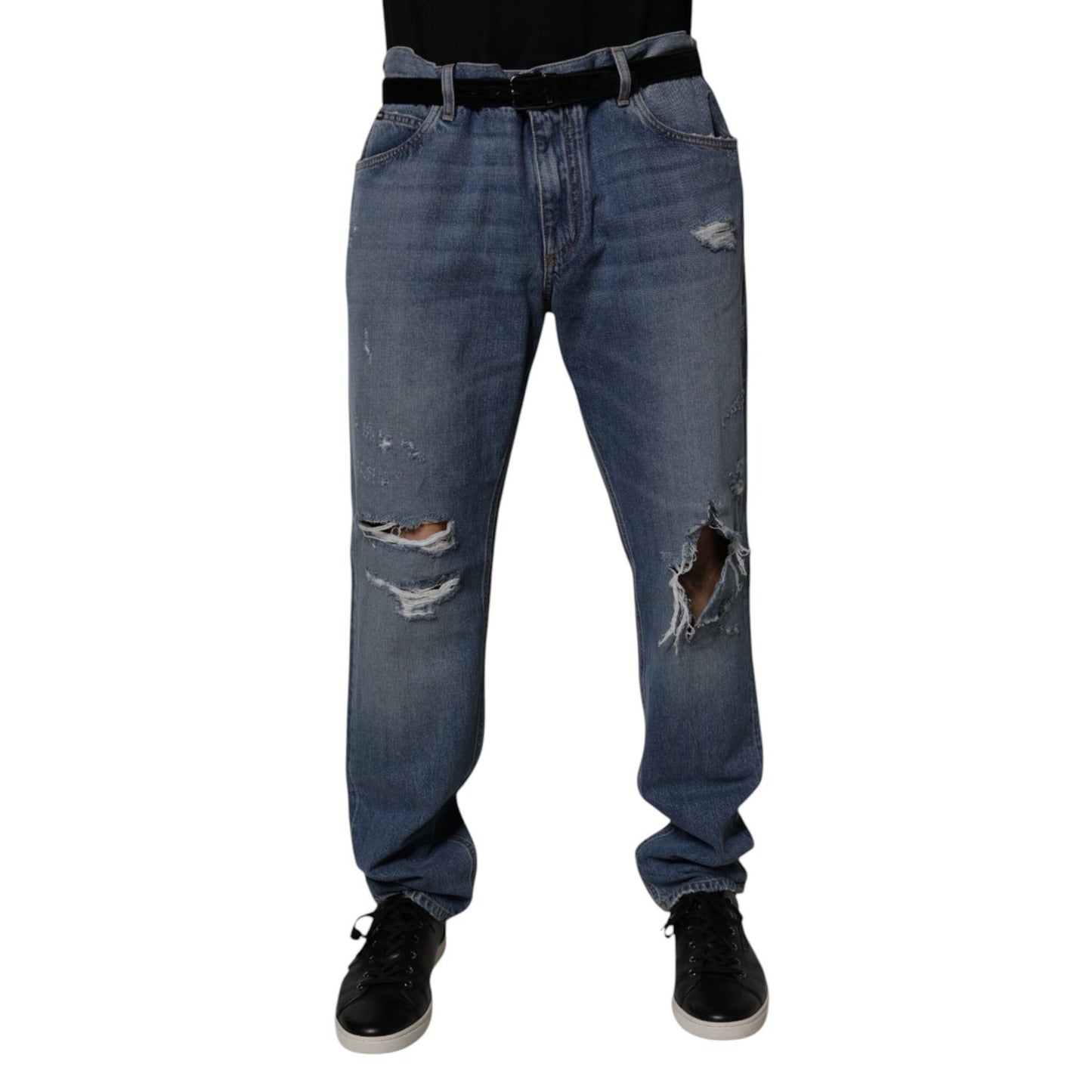 Dolce & Gabbana Blue Tattered Cotton Straight Denim Jeans