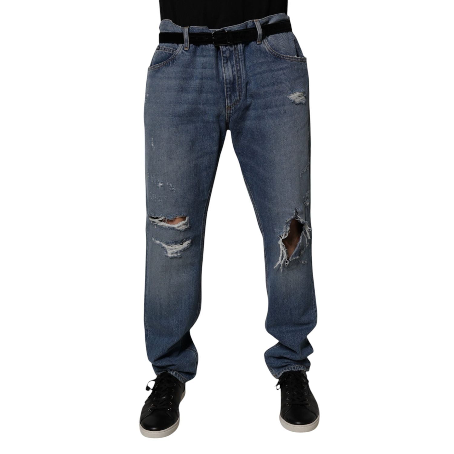 Dolce & Gabbana Blue Tattered Cotton Straight Denim Jeans