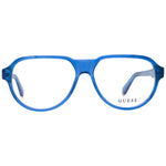 Guess Blue Men Glasses Frame in blue acetate, full-rim aviator style with demo lenses and 56-14-145 dimensions, includes branded case.