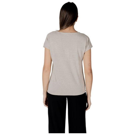 Back view of woman wearing Street One beige polyester top with short sleeves and lace shoulder detail.