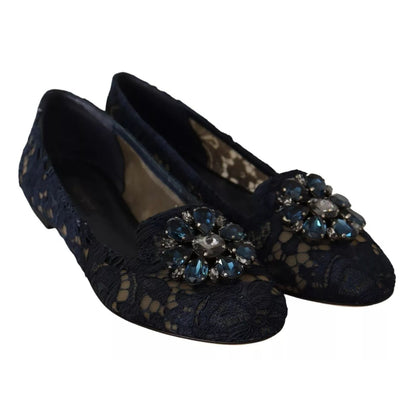 Dolce & Gabbana Blue Crystal Loafer Lace Ballet Flats Shoes