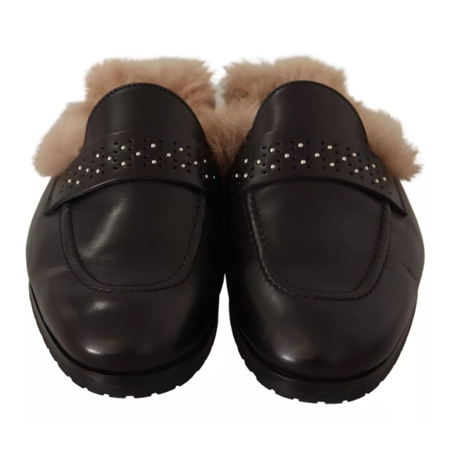 Peserico Black Leather Fur Perforated Slip On Flats Shoes