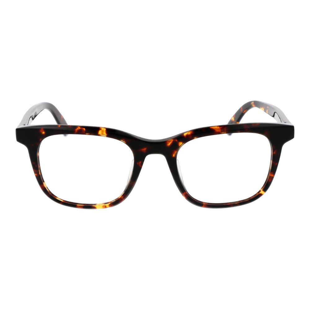 Guess Brown Men Glasses Frame in acetate with full-rim square design, brown color, demo plastic lenses, includes branded case, no spring hinge.