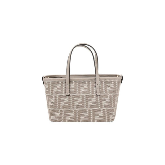 Fendi Roll Mini Handbag with jacquard fabric, denim-effect FF pattern, leather handles, and adjustable shoulder strap.