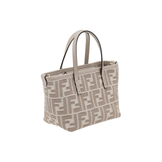 Fendi Roll Mini Handbag in jacquard fabric with denim-effect FF pattern, featuring leather handles and an adjustable shoulder strap.