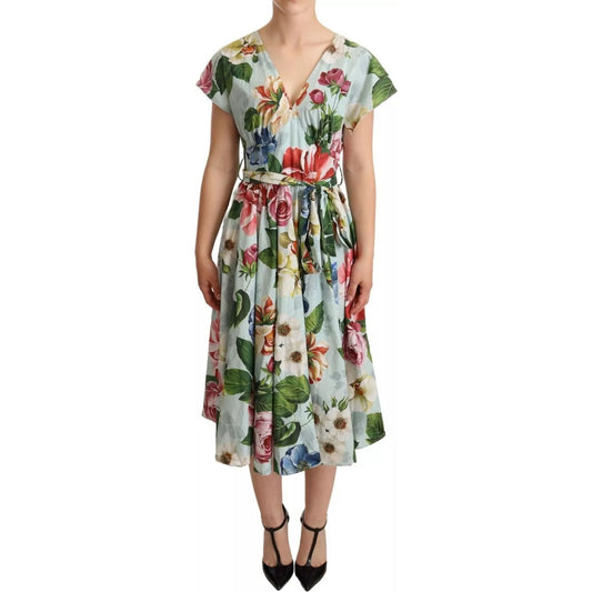 Dolce & Gabbana Green Floral Short Sleeves Cotton V-neck Dress DR281061-38