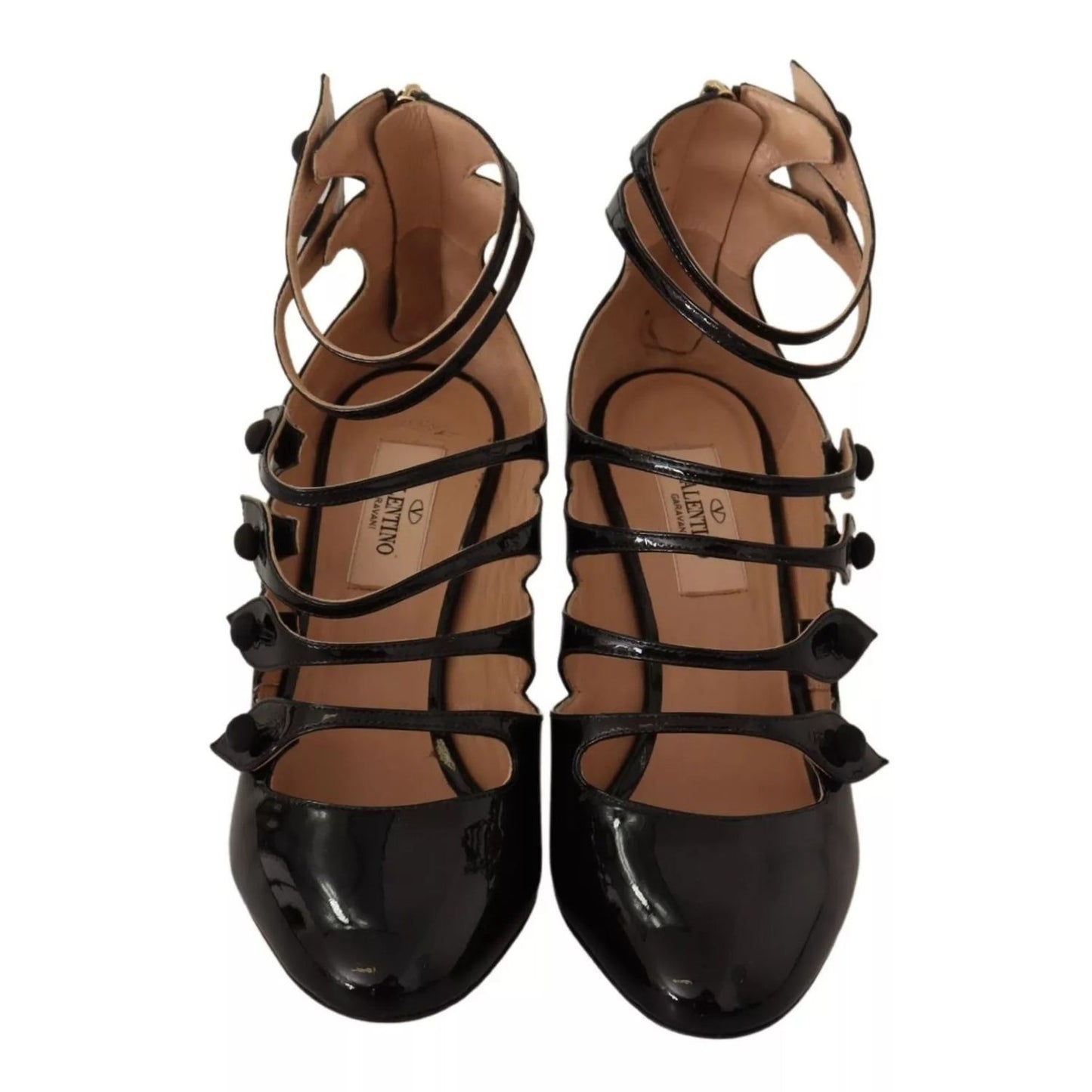 Valentino Black Multi Strap Leather Mid Heels Pumps Shoes