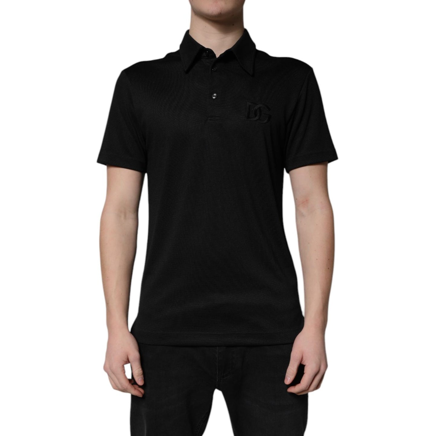 Dolce & Gabbana Black Polyester DG Logo Collared Polo T-shirt