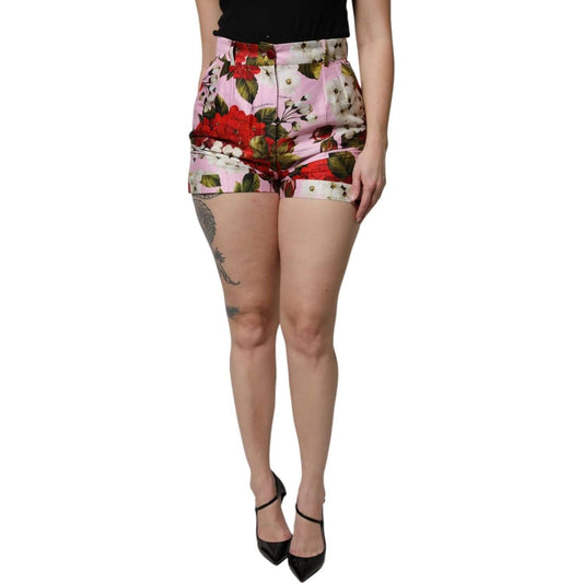 Dolce & Gabbana pink floral print high waist hotpants shorts, featuring premium cotton silk blend, zipper closure, and Italian craftsmanship.