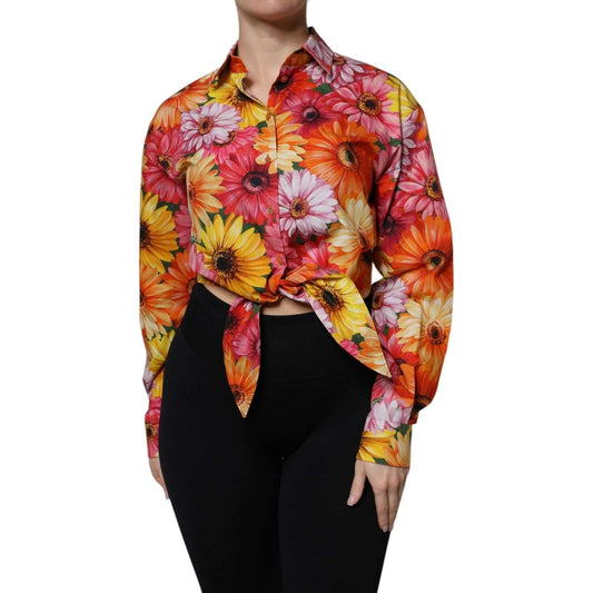 Dolce & Gabbana multicolor floral cotton cropped blouse top with long sleeves and button-down closure. High craftsmanship.