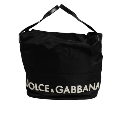 Dolce & Gabbana Black Nylon White Iconic Logo Shoulder Bucket Bag