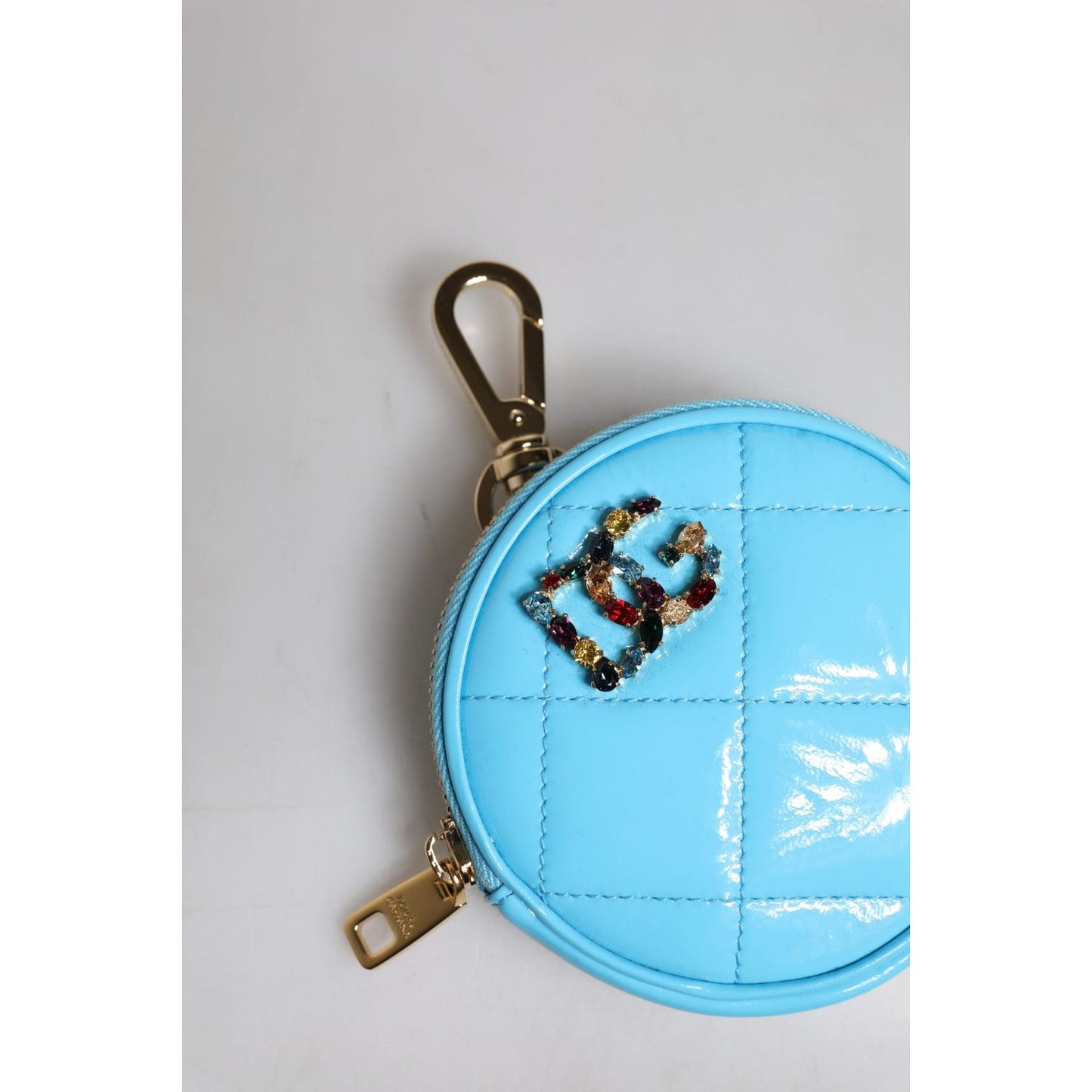 Dolce & Gabbana Light Blue Lamb Leather DG Crystal Round Coin Purse Wallet BAG4269