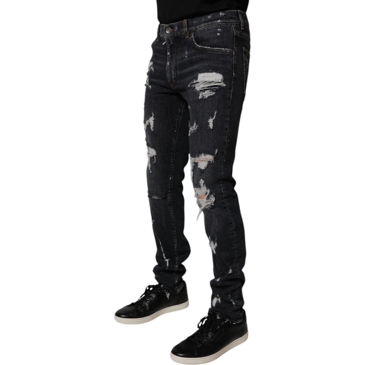 Dolce & Gabbana Black Tattered Cotton Skinny Men Denim Jeans