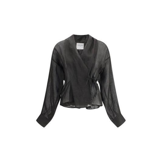 Forte_Forte Crossed Shirt with shawl lapels, dropped shoulders, and knotted ribbon front in semi-transparent fabric