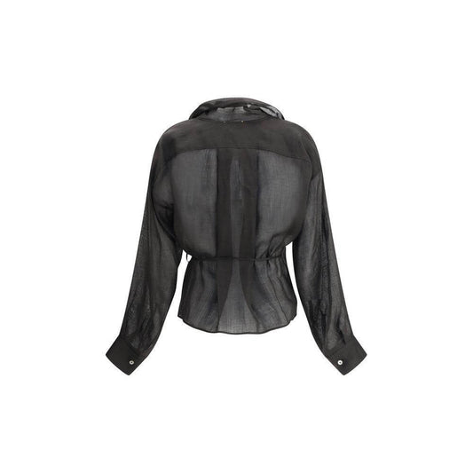 Back view of Forte_Forte Crossed Shirt with shawl lapels, dropped shoulders, and semi-transparent fabric for a sophisticated look.