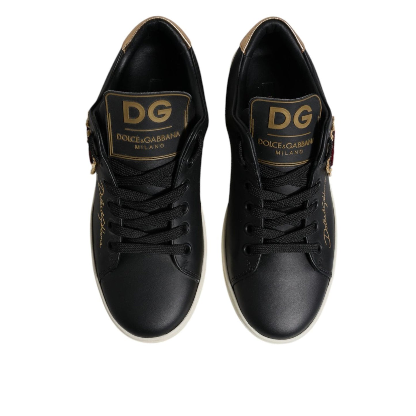 Dolce & Gabbana Black Leather Gold Red Heart Sneakers Shoes