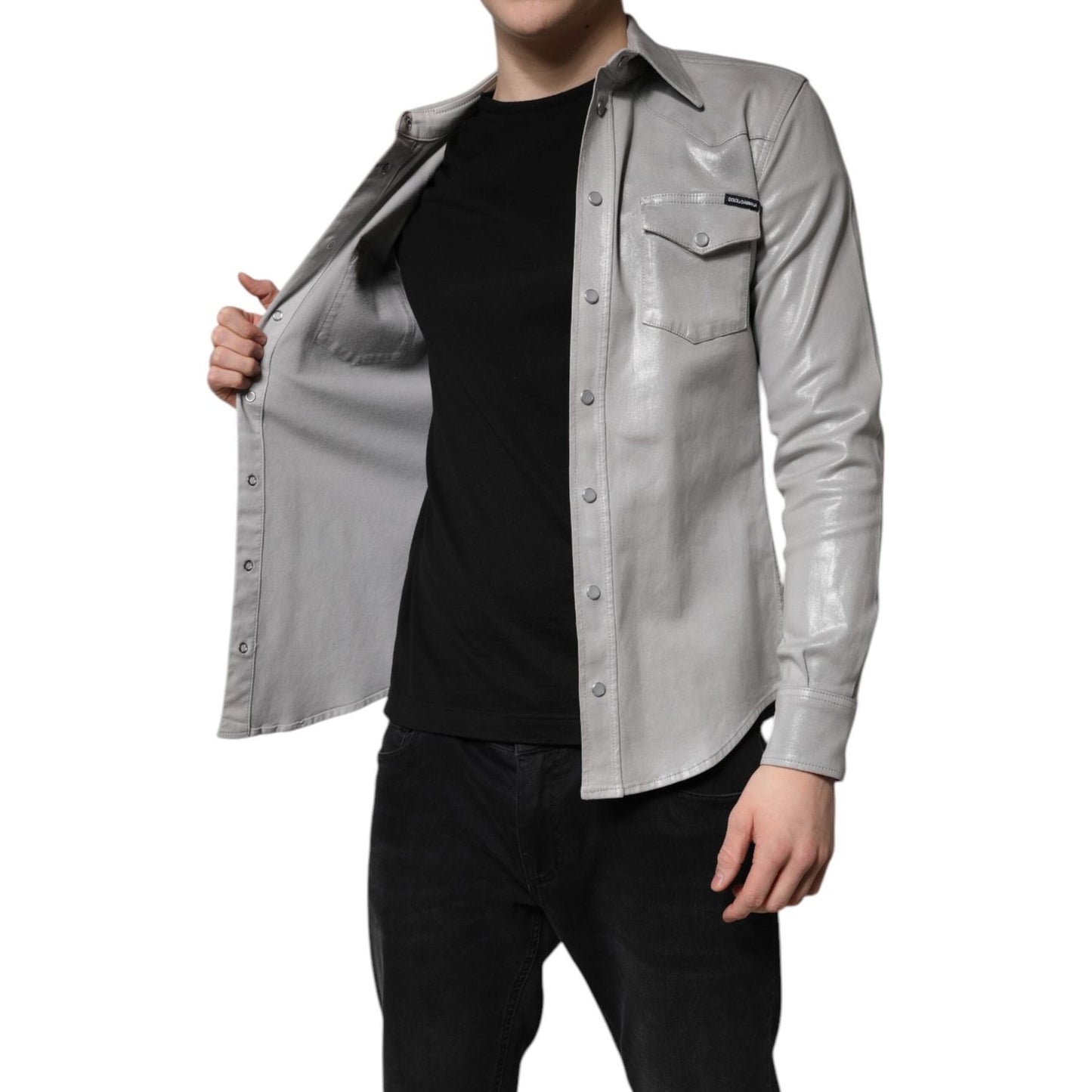 Dolce & Gabbana Metallic Gray Cotton Button Down Shirt TSH878488-41