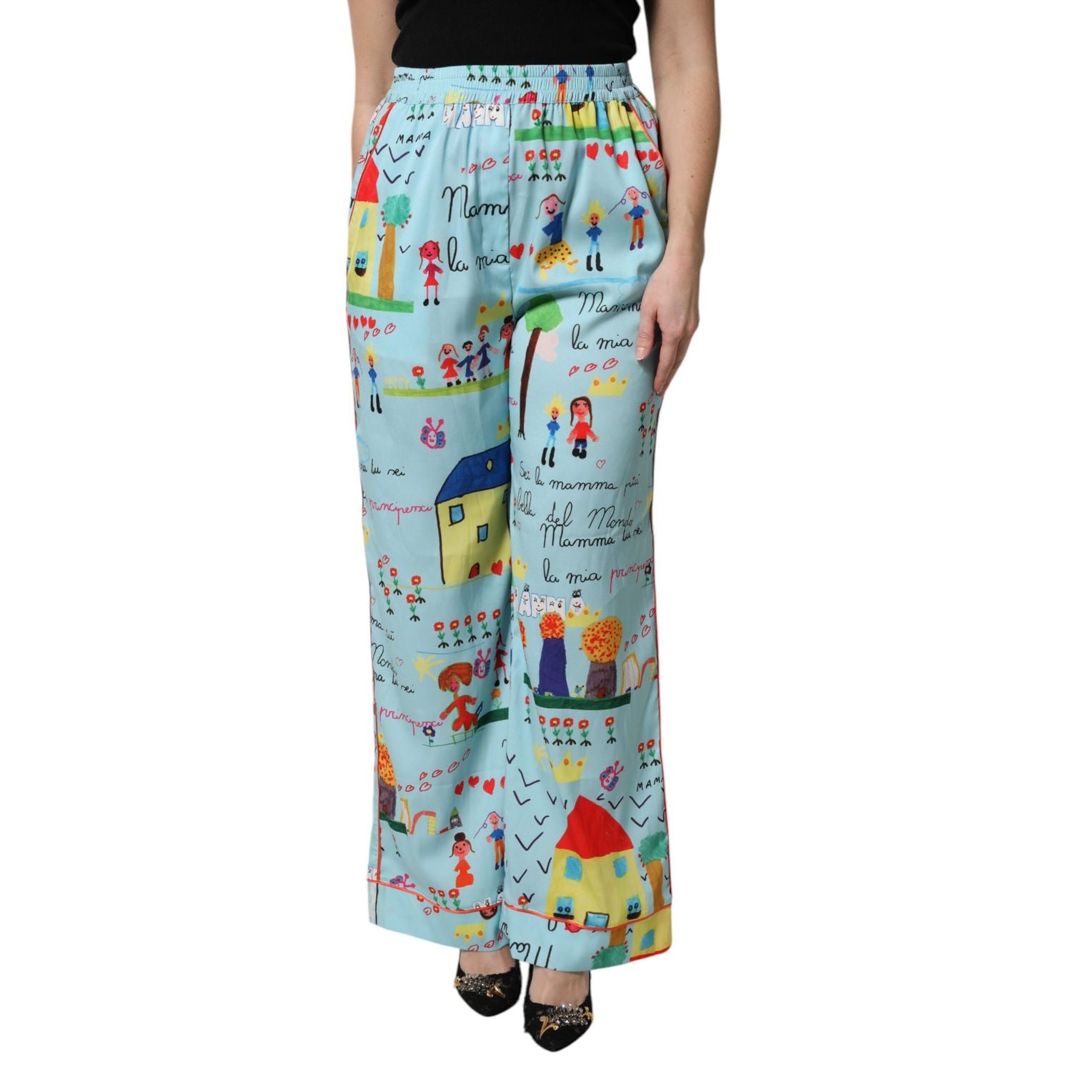 Dolce & Gabbana Light Blue Drawing Mid Waist Wide Leg Pants