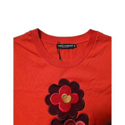 Dolce & Gabbana Red Floral Embroidery Cotton Crew Neck T-shirt