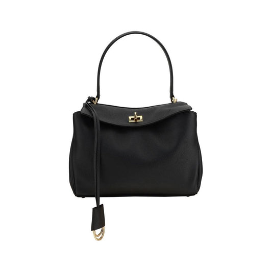 Balenciaga Rodeo Shoulder Bag in black leather with top handle and removable strap, featuring front flap with swivel closure.