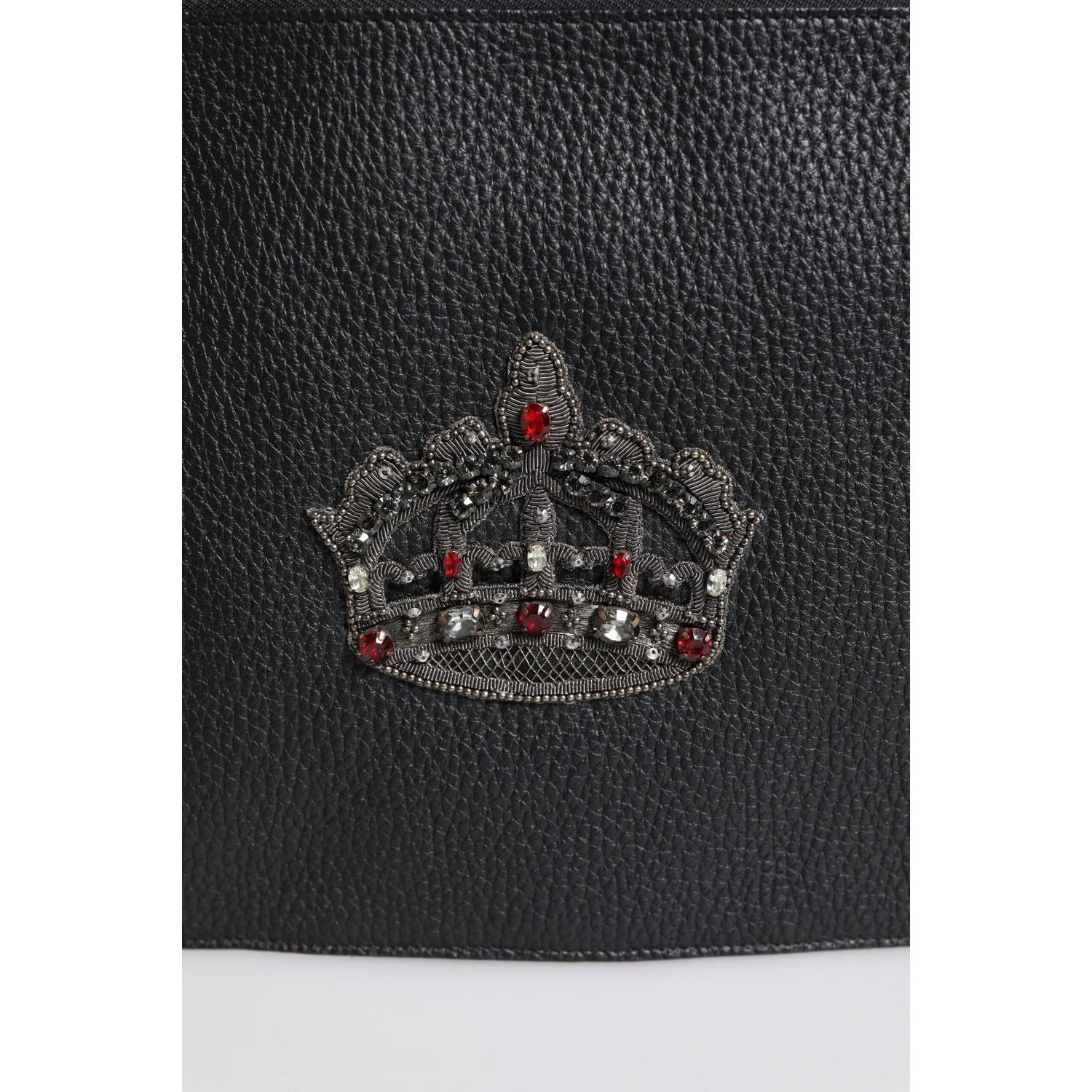 Dolce & Gabbana Black Calfskin Crown Embellished Clutch Pouch Bag