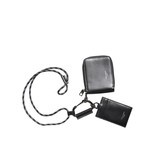 Dolce & Gabbana Black Leather Lanyard Zip Around Card Holder Wallet