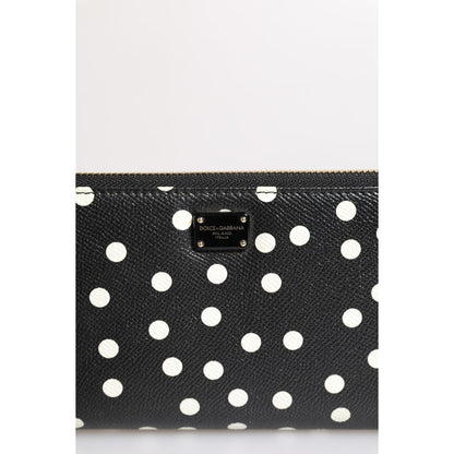 Dolce & Gabbana Black White Dotted Leather Zip Around Continental Wallet