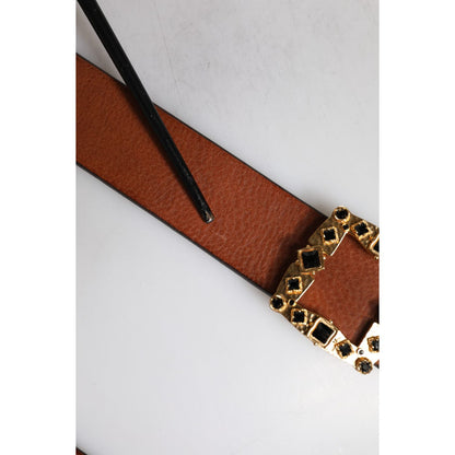 Dolce & Gabbana Brown Leather Gold Crystal Buckle Belt