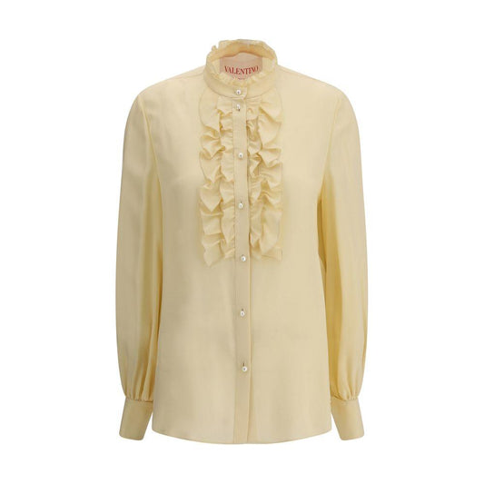 Elegant Valentino silk shirt with mandarin collar, pearl button closure, and applique drape details for a sophisticated look.