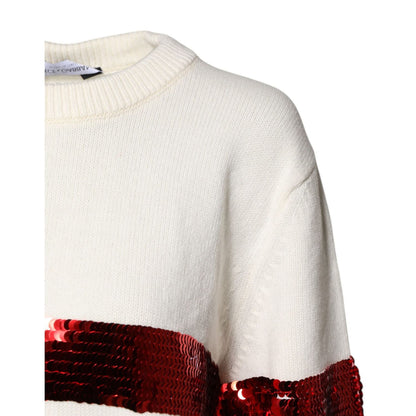 Dolce & Gabbana White Sequined Crew Neck Pullover Sweater