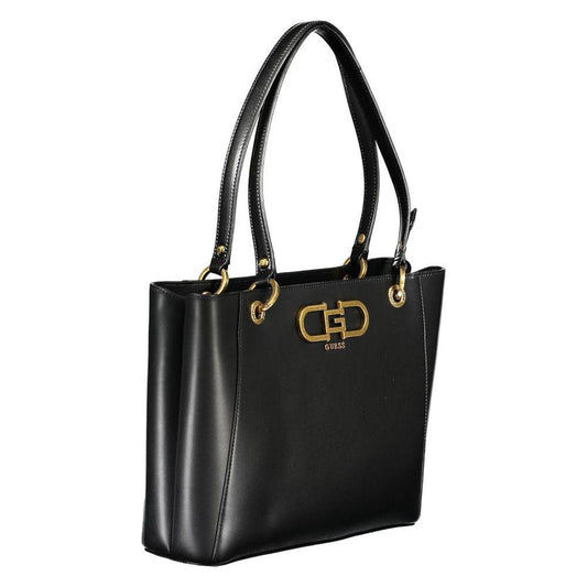 Guess Jeans black polyethylene handbag with dual handles, three compartments, internal pocket, phone holder, zip closure, and logo detail.