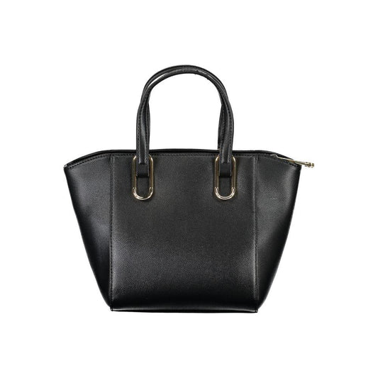 Tommy Hilfiger black polyethylene handbag with two handles, adjustable strap, internal pocket, contrast details, and zip closure.
