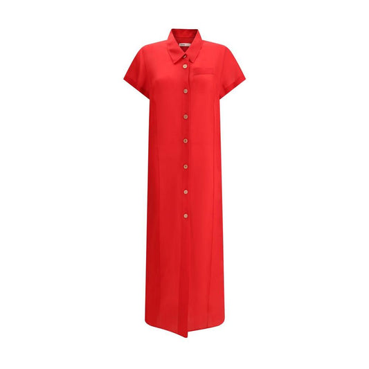 Khaite Effy Silk Dress with short sleeves, front button closure, and faux breast pocket in vibrant red color.