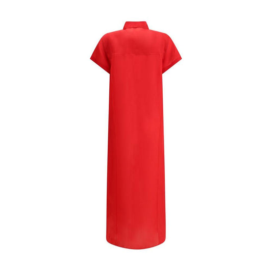 Back view of Khaite Effy silk dress in red with short sleeves and button closure, showcasing a stylish and semi-sheer design.