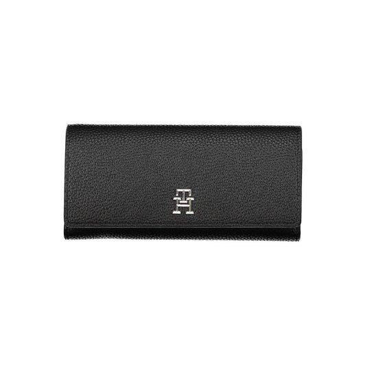 Tommy Hilfiger black polyethylene women's wallet with logo, featuring card slots and coin purse, sleek and elegant design.