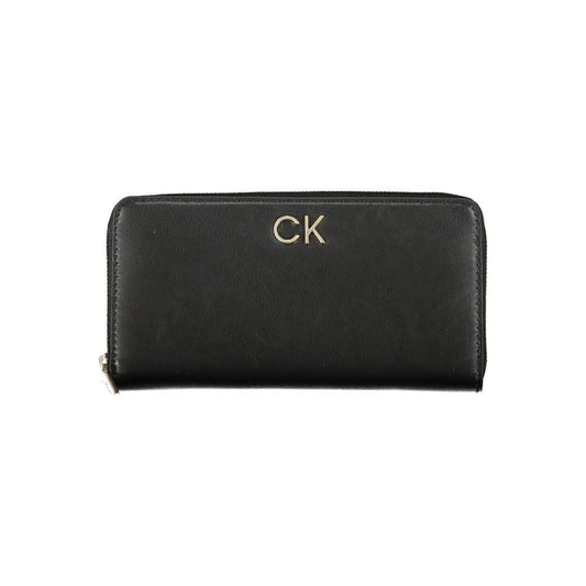 Calvin Klein elegant black designer wallet with zip closure and logo, featuring multiple compartments for modern functionality.