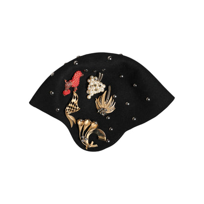 Dolce & Gabbana Black Wool Multicolor Embellished Cloche Hat